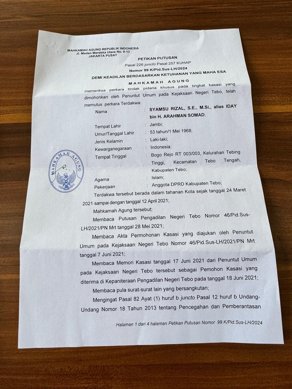 Petikan Putusan MA Perkara Terdakwa Wakil Ketua DPRD Tebo Beredar