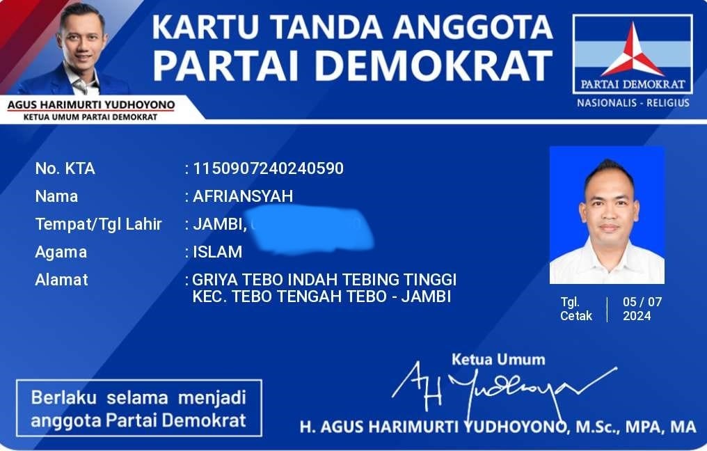 Keluar dari PDI Perjuangan, Bakal Calon Bupati Tebo Afriansyah Berlabuh di Partai Demokrat