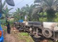 Diduga Sopir Ngantuk, Truk Tangki Terguling ke Rawa-rawa di Tanjab Timur
