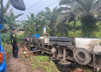Diduga Sopir Ngantuk, Truk Tangki Terguling ke Rawa-rawa di Tanjab Timur