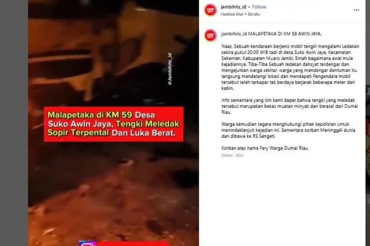1 Mobil Tangki Meledak di Jalintim KM 59 Sekernan, Sopir Asal Dumai Tewas