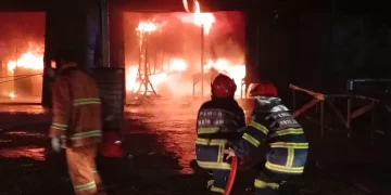 Dua Unit Ruko Terbakar di Thehok, Petugas Damkar Kota Jambi Bobol Rolling Door Pakai Godam