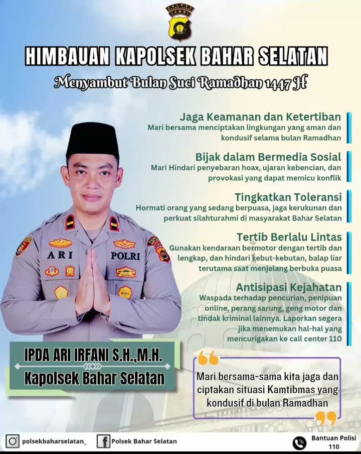Kapolsek Bahar Selatan IPDA Ari Irfani SH MH Beri Himbauan Jaga Keamanan Menjelang Bulan Suci Ramadhan 1447 Hijriah Tahun 2026