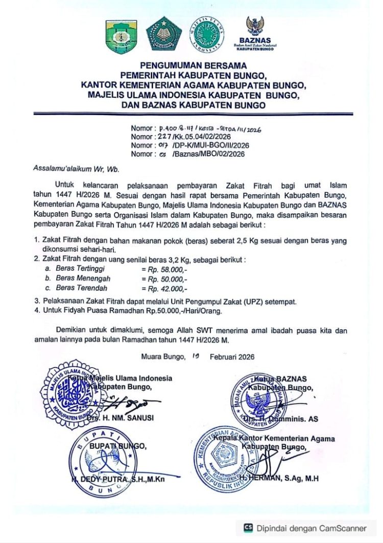 Pemkab Bungo Tetapkan Zakat Fitrah Tertinggi Rp 58 Ribu