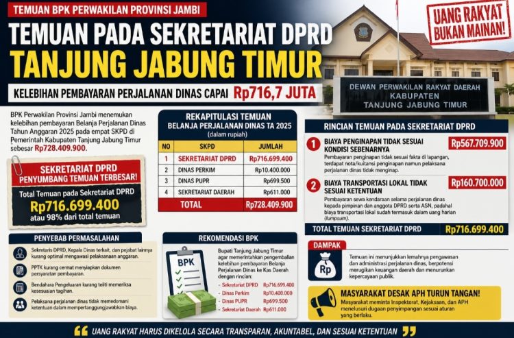 BPK Temukan Kelebihan Bayar Perjalanan Dinas di Tanjabtim Rp728 Juta, Sekretariat DPRD Jadi Penyumbang Terbesar