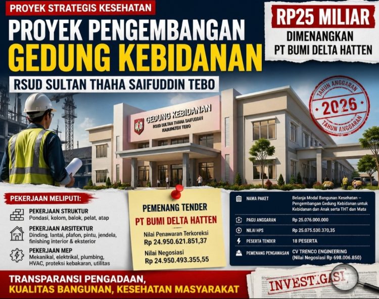 Proyek Pengembangan Gedung Kebidanan RSUD Tebo Rp25 Miliar Dimenangkan PT Bumi Delta Hatten