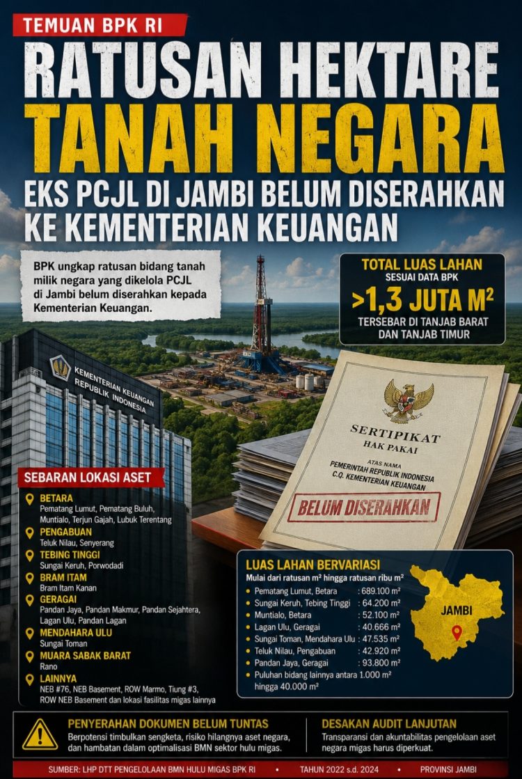 BPK Ungkap Ratusan Aset Tanah Petrochina di Jambi Belum Diserahkan ke Kementerian Keuangan