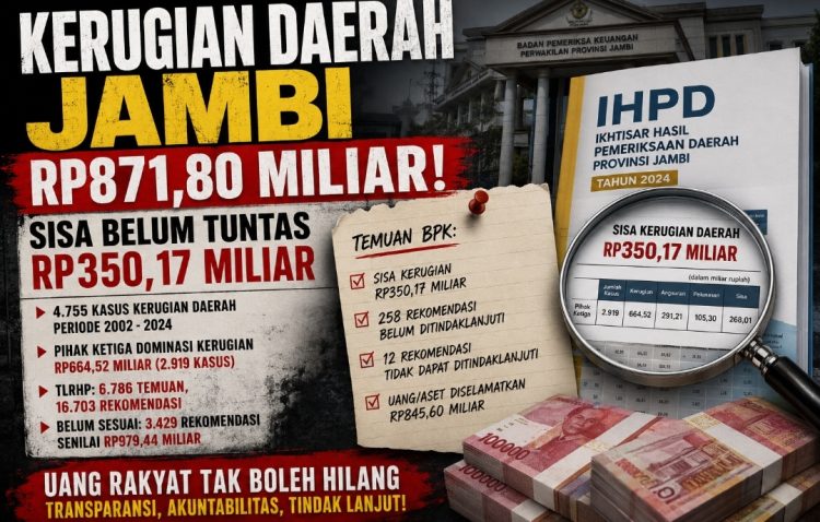 BPK Catat Kerugian Daerah di Jambi Rp871,80 Miliar, Sisa Rp350,17 Miliar Belum Tuntas