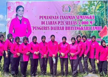 Kapolres Muaro Jambi AKBP Heri Supriawan, S.I.K., M.H. Mendampingi Ketua Bhayangkari Daerah Jambi Ny. Evi Krisno Dalam Kegiatan Panen Buah Semangka di Lahan Pekarangan Pangan Lestari