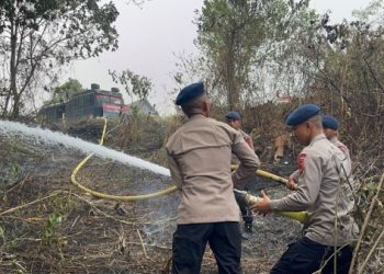 Respons Cepat, Personel Satbrimob Polda Jambi Padamkan Kebakaran Lahan di Merangin